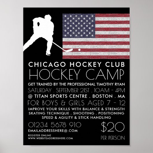 Amerikanische Flagge, Hockey-Spieler, Camp-Werbung Poster (Vorne)