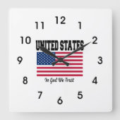 Amerikanische Flagge, in Gott vertrauen wir, Quadratische Wanduhr (Vorderseite)