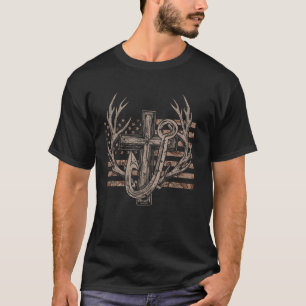 Amerikanische Flagge & Kreuz Jagd- & Angelfreund-V T-Shirt