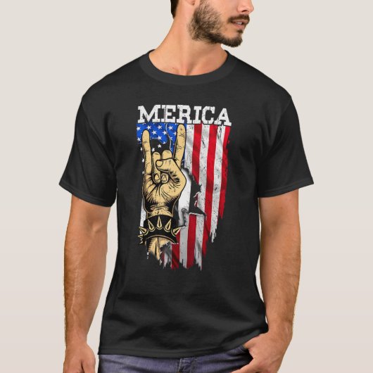 Amerikanische Flagge Merica Rock Schild Hand Viert T-Shirt (Vorderseite)