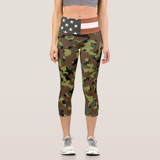 Amerikanische Flagge Militärische grüne Camouflage Capri Leggings (Vorderseite)