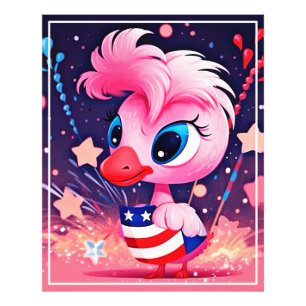Amerikanische Flagge mit Flamingo-Cartoon-69216 Fotodruck