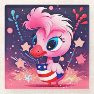 Amerikanische Flagge mit Flamingo-Cartoon-69216 Glasuntersetzer