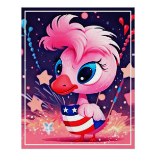 Amerikanische Flagge mit Flamingo-Cartoon-69216 Poster