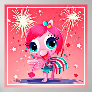 Amerikanische Flagge mit Flamingo-Cartoon-69217 Poster