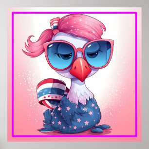 Amerikanische Flagge mit Flamingo-Cartoon-69679 Poster