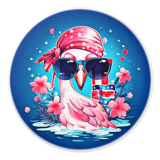 Amerikanische Flagge mit Flamingo-Cartoon-69681 Keramikknauf (Vorderseite)