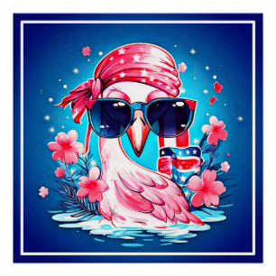 Amerikanische Flagge mit Flamingo-Cartoon-69681 Poster