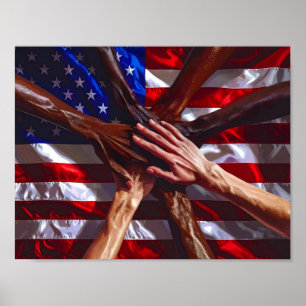 Amerikanische Flagge mit Händen verschiedener Amer Poster