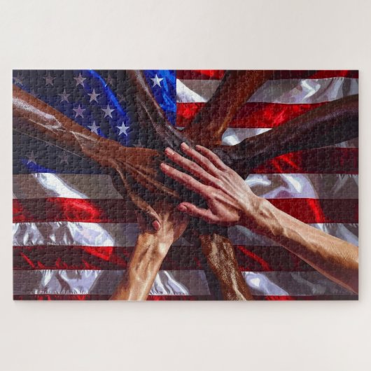 Amerikanische Flagge mit Händen verschiedener Amer Puzzle (Horizontal)