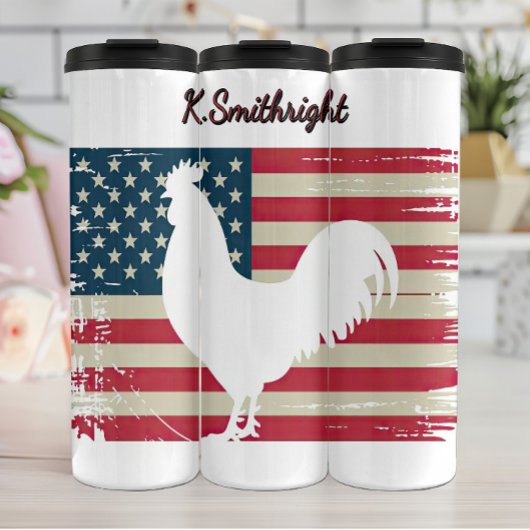 Amerikanische Flagge mit weißem Rooster Thermosbecher