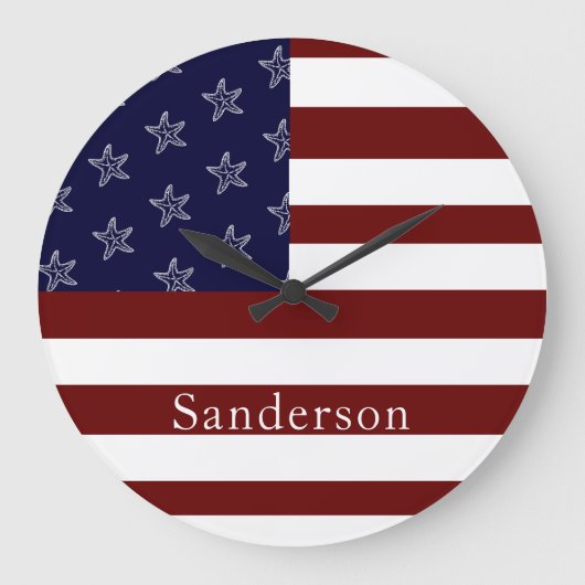 Amerikanische Flagge Red White Blue Starfish Große Wanduhr (Vorderseite)