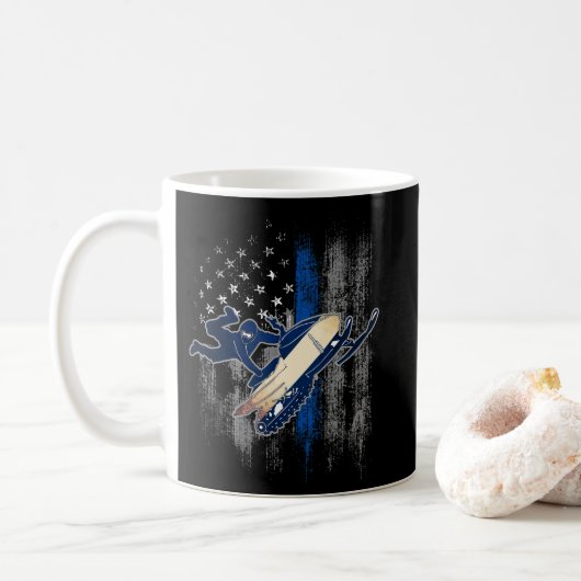 Amerikanische Flagge Snowmobile Blue Line Snowmobi Kaffeetasse (Mit Donut)