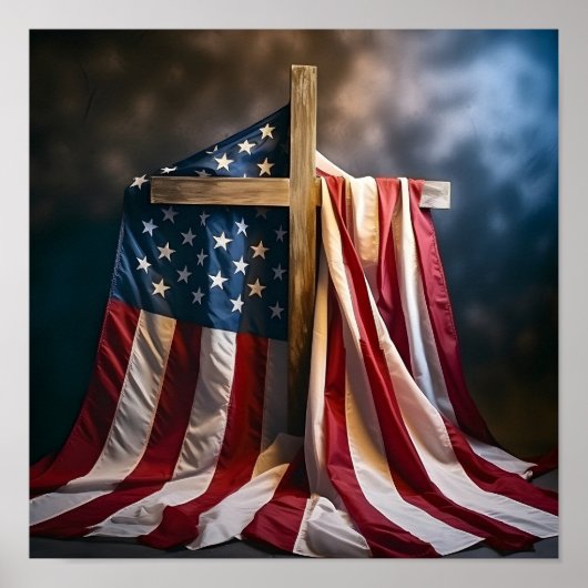 Amerikanische Flagge über Christliches Kreuz gezog Poster (Vorne)