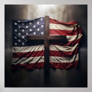 Amerikanische Flagge über Christliches Kreuzplakat Poster