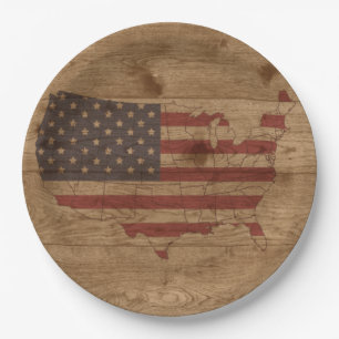 Amerikanische Flagge über rustikales Holz USA P Pappteller
