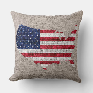 Amerikanische Flagge und Karte Burlap Linen Rustic Kissen