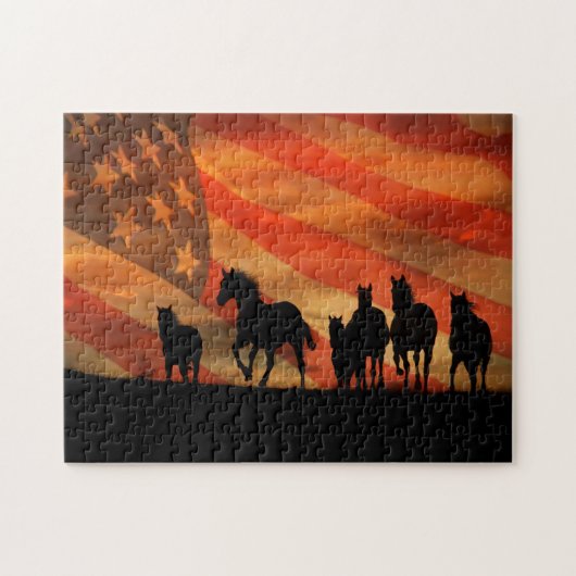 Amerikanische Flagge und Mustangs Wild Puzzle (Horizontal)