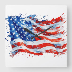 Amerikanische Flagge USA Wasserfarbe 4. Juli Quadratische Wanduhr