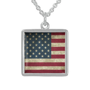 Amerikanische Flagge Vintager patriotischer Grunge Sterling Silberkette