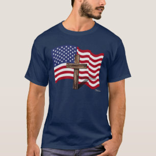 Amerikanische Flagge weht und raues Kreuz T-Shirt