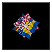 Amerikanische Flaggen und ukrainische Flaggen