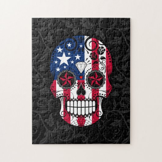 Amerikanische Flaggen-Zuckerschädel mit Rosen Puzzle (Vertikal)