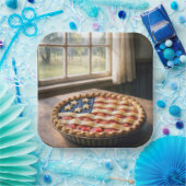 Amerikanische Flaggenkruste auf Erdbeerkuchen Pappteller (Party)
