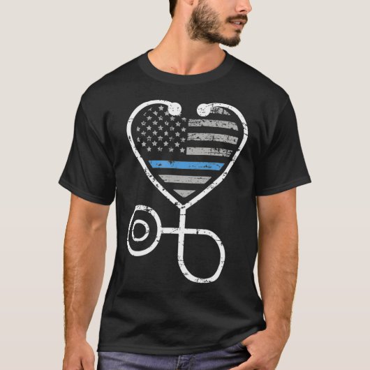 Amerikanische Flaggenpolizei Thin Blue Line Herzsc T-Shirt (Vorderseite)