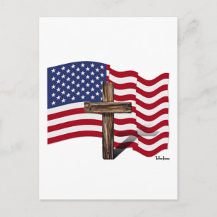 Amerikanische Flaggenwinde und geruchtes Kreuz Postkarte