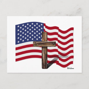 Amerikanische Flaggenwinde und geruchtes Kreuz Postkarte