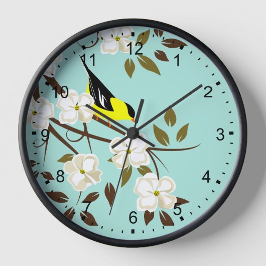 Amerikanische Goldfinch über eine blühende Zweigni Uhr (Vorderseite)