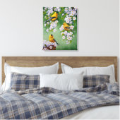 Amerikanische Goldfinken und rosa Apple-Blüten Leinwanddruck (Insitu (Schlafzimmer))