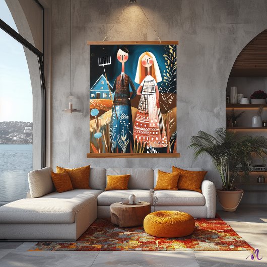 Amerikanische Gotik: Abstrakte Kunst der Whimsikku Wandteppich Mit Holzrahmen