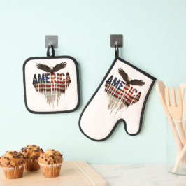Amerikanische Grunge-Fahne und Adler Ofenhandschuh & Topflappen-Set