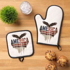 Amerikanische Grunge-Fahne und Adler Ofenhandschuh & Topflappen-Set