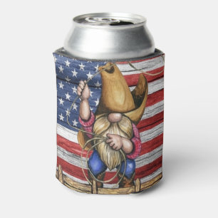 Amerikanische Holzflagge mit Cowboy Gnome Dosenkühler