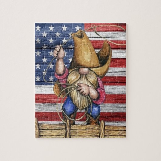 Amerikanische Holzflagge mit Cowboy Gnome Puzzle (Vertikal)