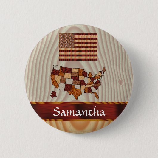 Amerikanische Holzflagge und -karte Button (Vorderseite)