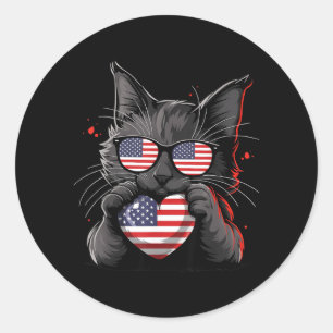 Amerikanische Katze USA-Flagge Rot Weiß Blau Patri Runder Aufkleber