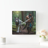 Amerikanische Krieger und Wolf-Wildlife-Design Quadratische Wanduhr (Zuhause)