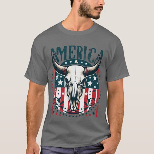 Amerikanische Kuhschädel 4. Juli Flagge T-Shirt (Vorderseite)