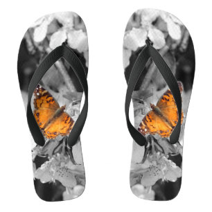 Amerikanische Lady Butterfliegen auf Blossom Flip Badesandalen