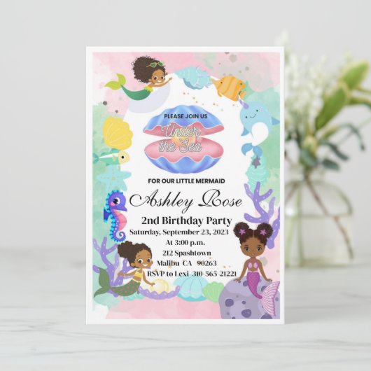 Amerikanische Meerjungfrau zum Geburtstag Einladun Einladung (Stehend Vorderseite)
