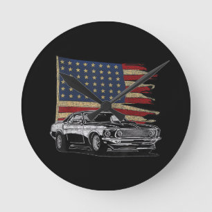Amerikanische Muscle Sports Car Muscle Car Flagge Runde Wanduhr