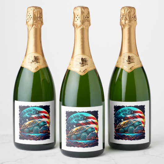 Amerikanische Schildkröte unter dem Mond mit ameri Schaumweinetikett (Flaschen)