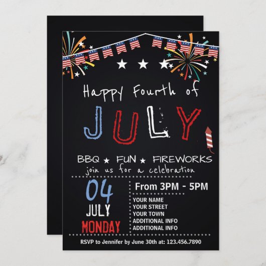 AMERIKANISCHE UNABHÄNGIGKEITSTAG BARBECUE PARTY EI EINLADUNG (Vorne/Hinten)