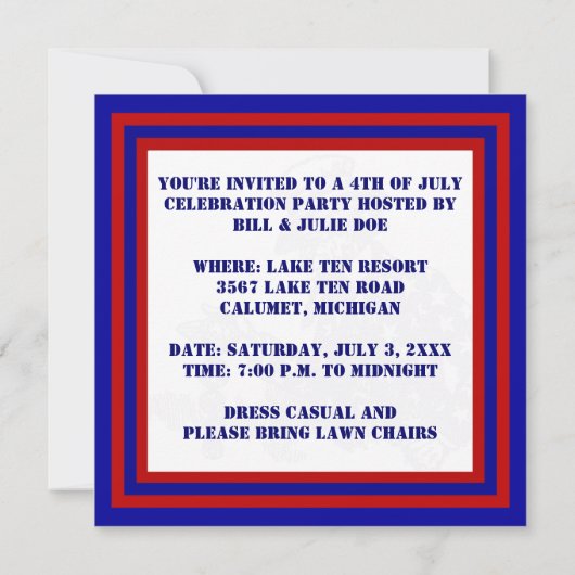 Amerikanische Unabhängigkeitstag PARTY EINLADUNG ~ (Rückseite)