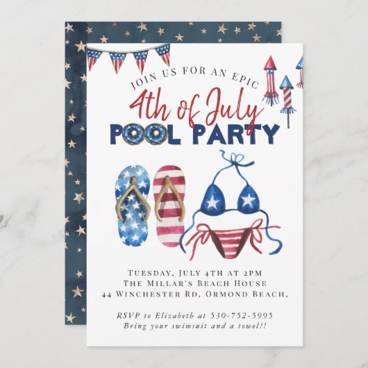 Amerikanische Unabhängigkeitstag Pool Party Einladung (Vorne/Hinten)