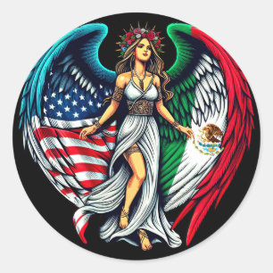 Amerikanische und mexikanische Flagge Angel woMan  Runder Aufkleber